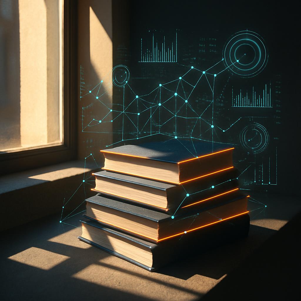A pile of books with a digital overlay featuring various graphs including bar graphs, pie charts, and line graphs.