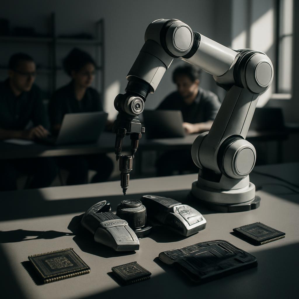 An office scene with people sitting at desks and a robot arm drawing on a pen holder.