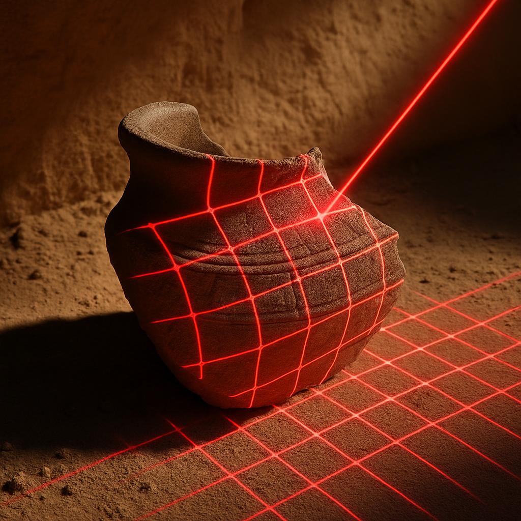 An ancient clay vase with a red laser beam positioned against it, pointing forward and upward, casting a shadow, in sandy ...