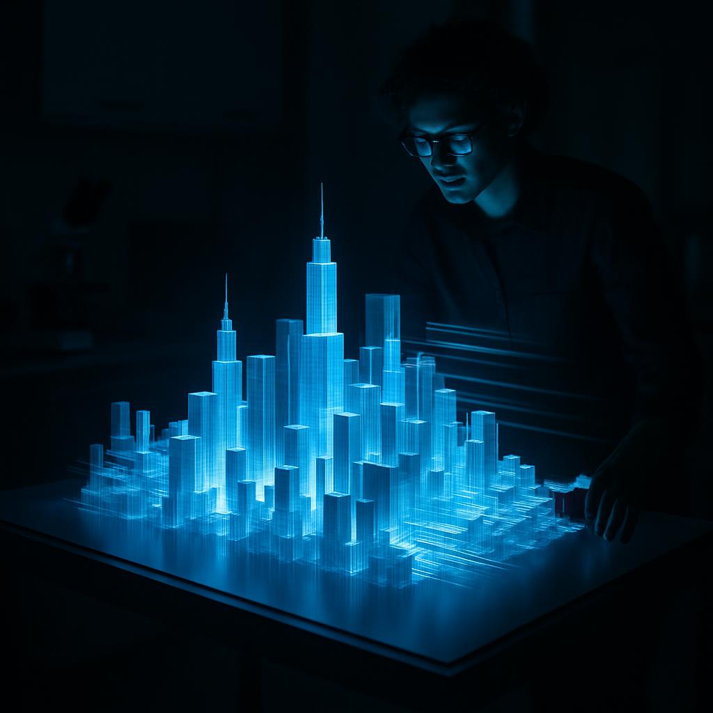 A man wearing glasses squints at a three-dimensional digital cityscape image on a table.