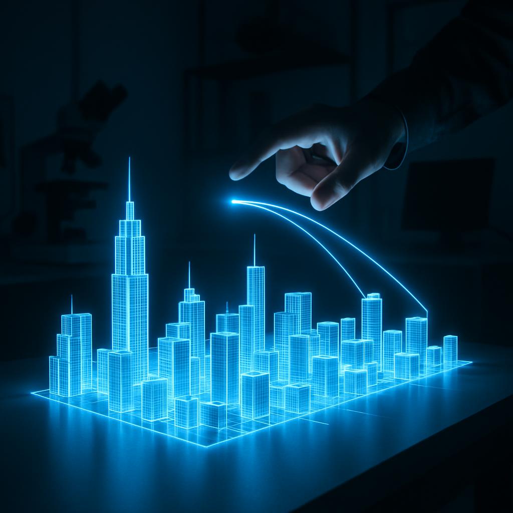 A futuristic cityscape with a hand hovering over it, surrounded by a glowing blue line.